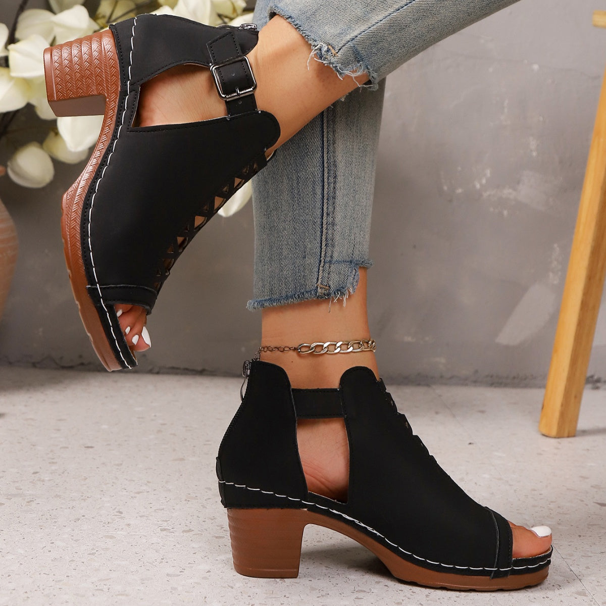 Women's Open Toe Block Heel Sandals | PU Leather High Heel Shoes