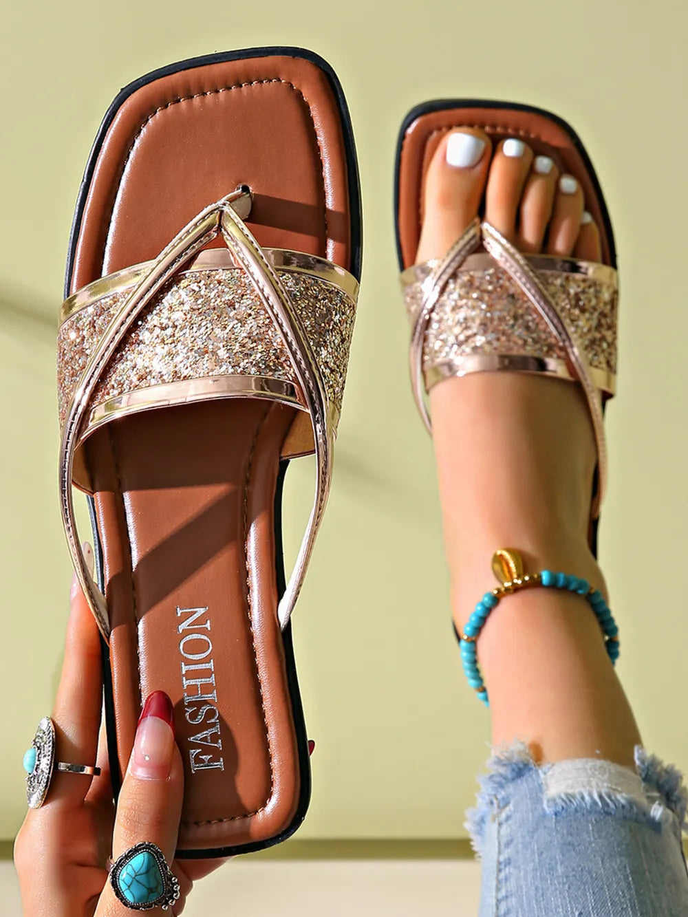 Women's Glitter Cross-Strap Flat Sandals