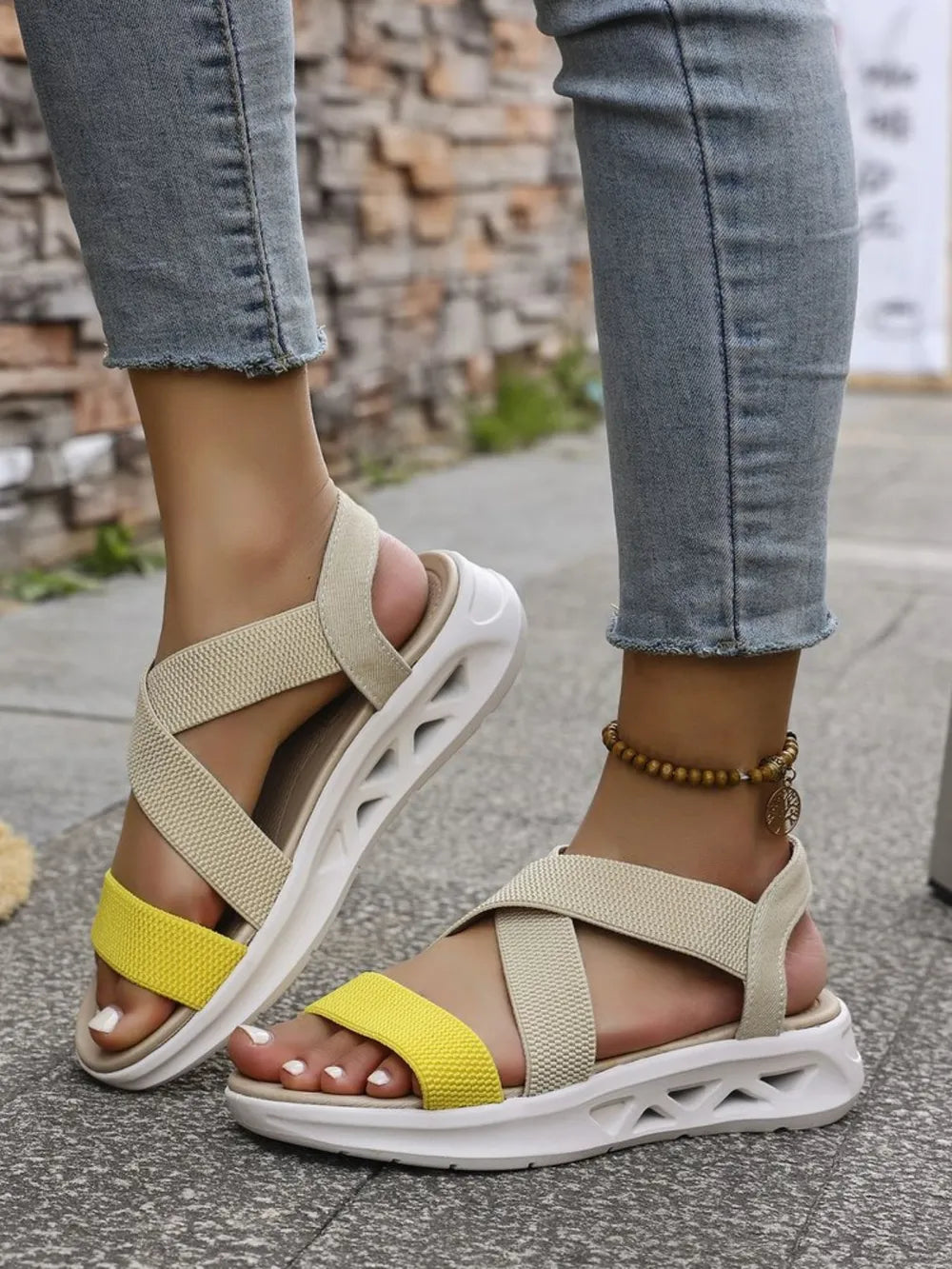 Women's Crisscross Open Toe Platform Sandals – Mesh & PU Leather