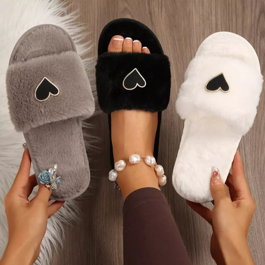 Women's Heart Open Toe Flat Slippers | Fluffy PU Leather Slip-On Sandals in 3 Colors EU 36-43