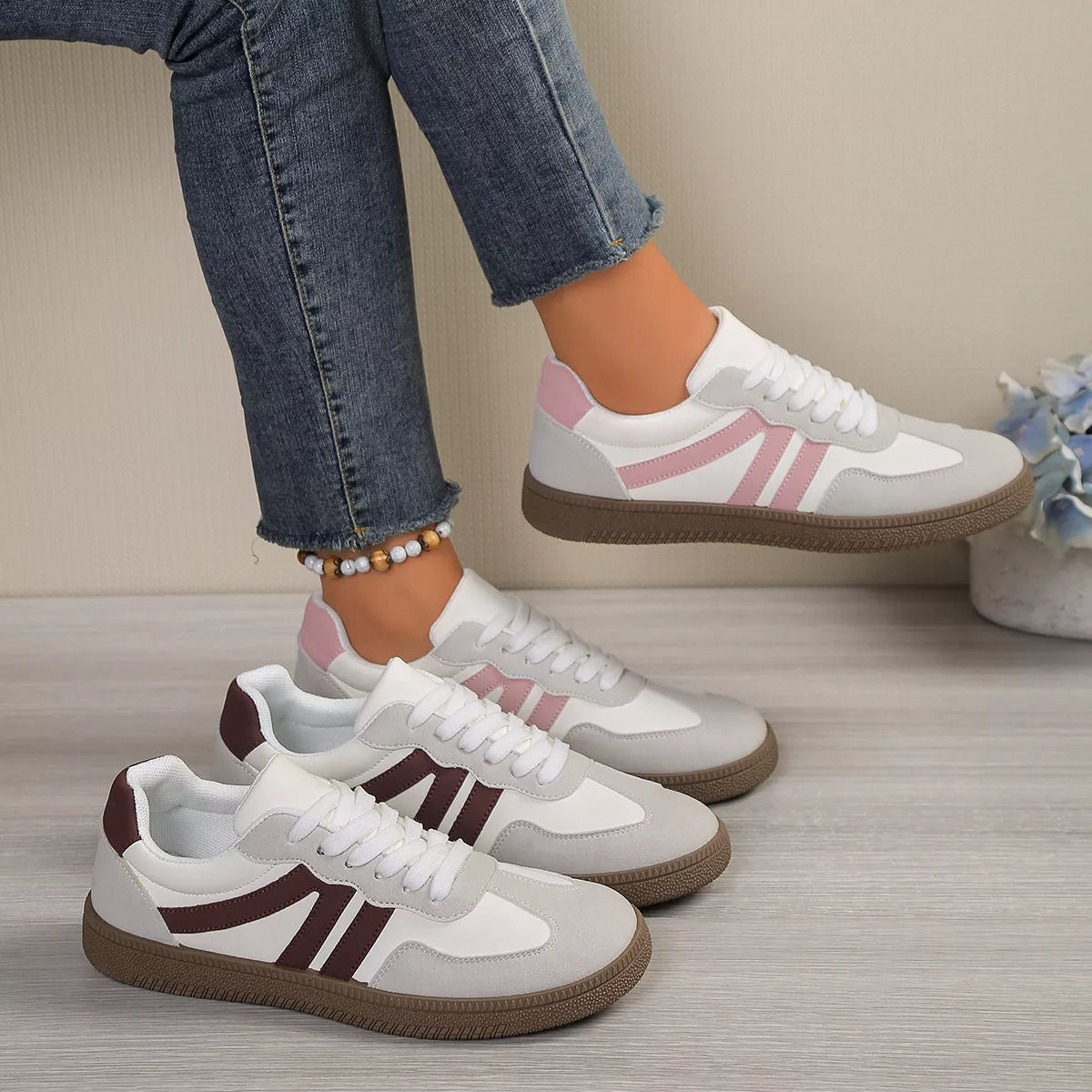 Women’s Striped Lace-Up Casual Sneakers – Suede Flat Fashion Shoes | Brown & Pink