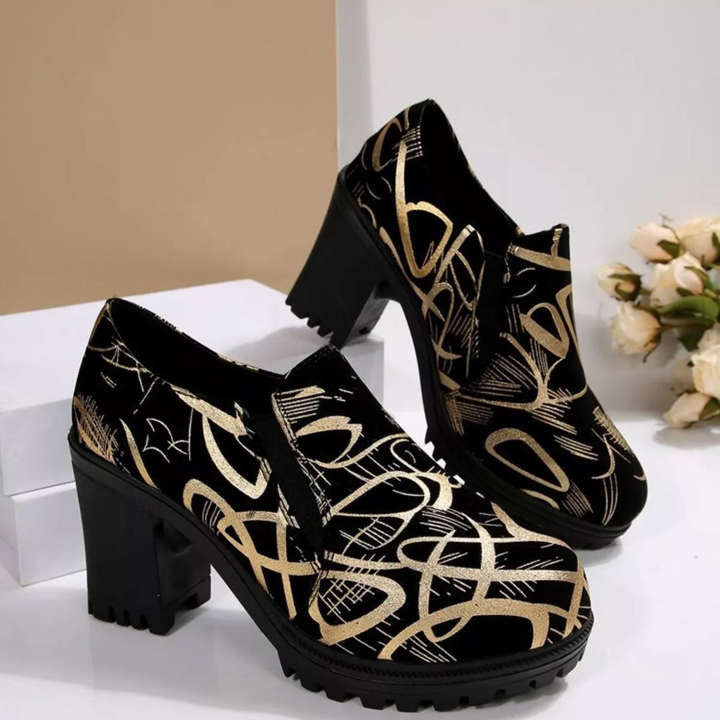 Women's Gold Round Toe Block Heel Pumps – PU Leather High Heels