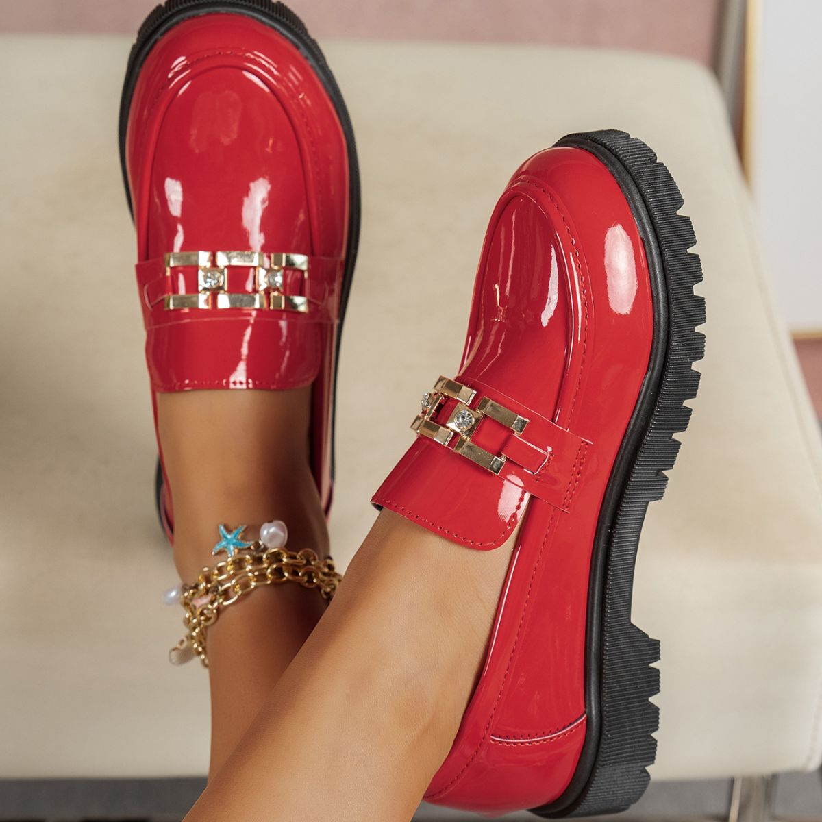 Women's Buckle Decor Chunky Loafers – PU Leather Mid Heel Platform Shoes