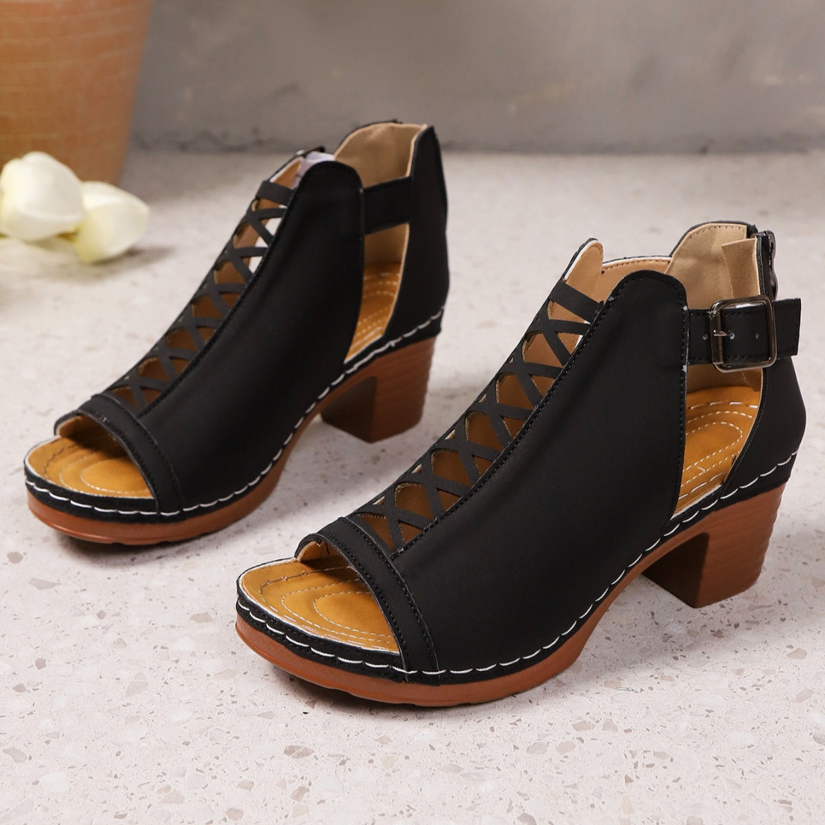 Women's Open Toe Block Heel Sandals | PU Leather High Heel Shoes
