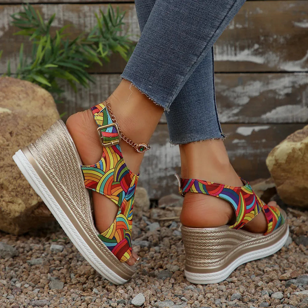 Women's Colorful Espadrille Wedge Sandals – Mid Heel Boho Style