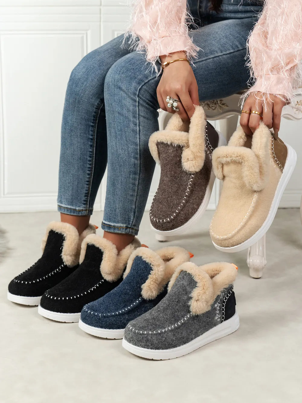 Women's Furry Suede Round Toe Flat Sneakers | Faux Fur Casual Shoes