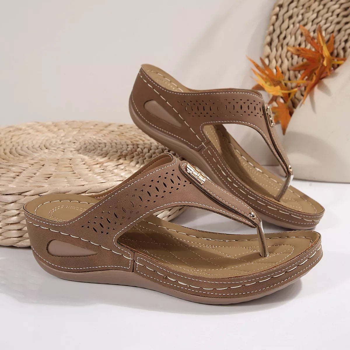 Women's Toe Post Wedge Sandals | PU Leather Low Heel Summer Shoes
