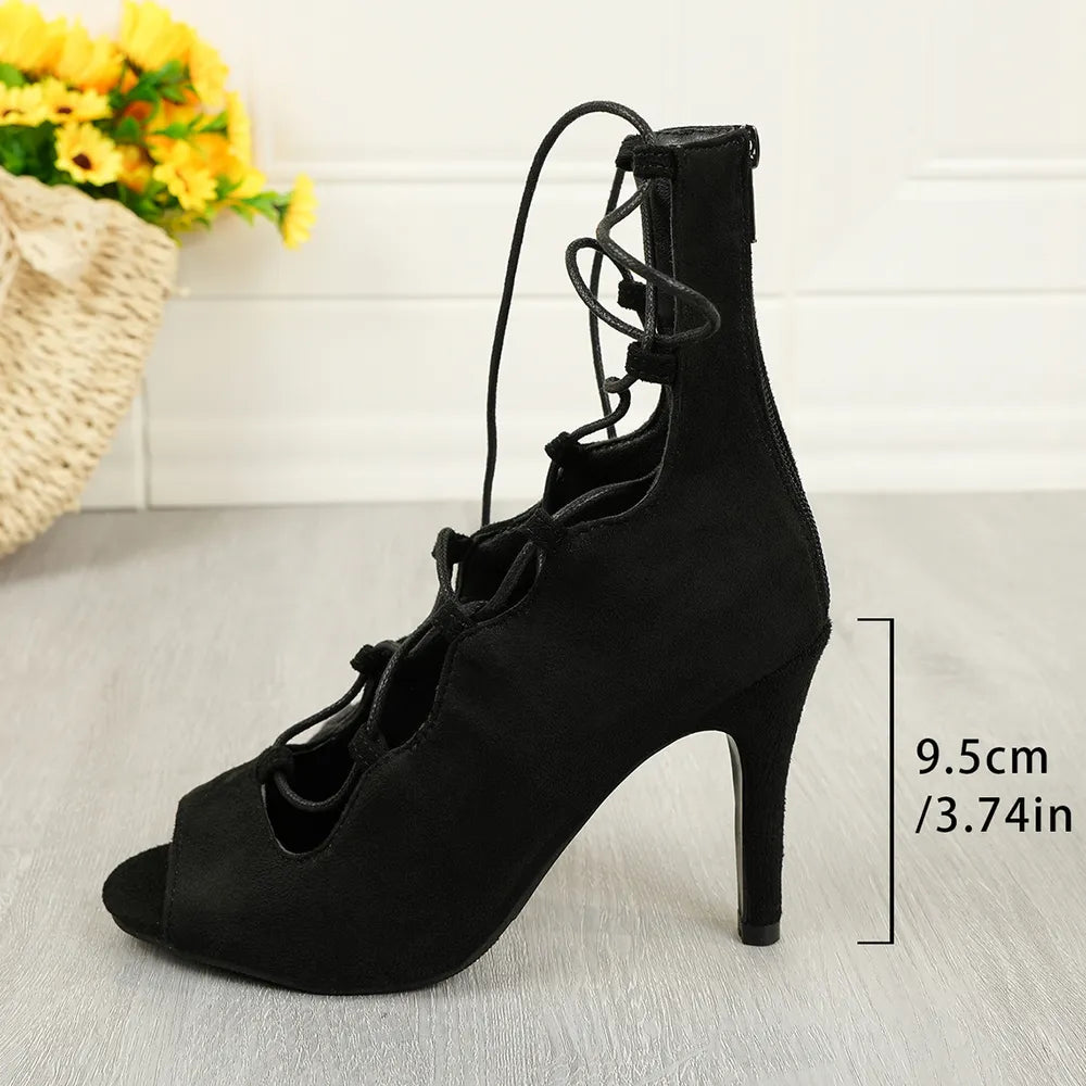 Women's Lace-Up High Heel Sandals – Suede & PU Leather