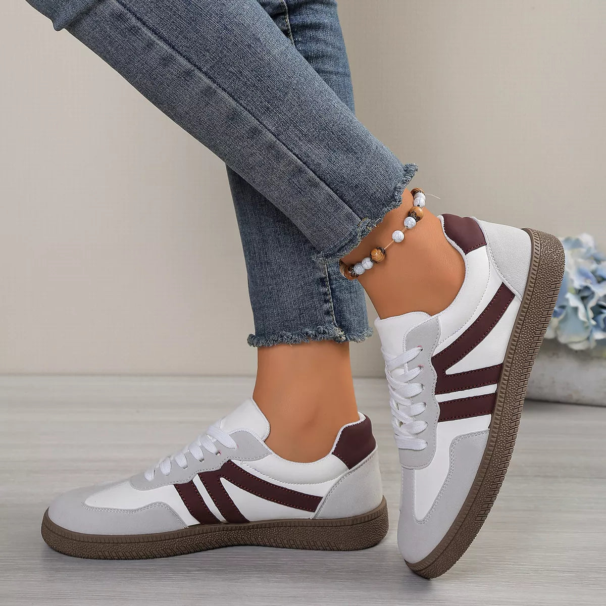 Women’s Striped Lace-Up Casual Sneakers – Suede Flat Fashion Shoes | Brown & Pink