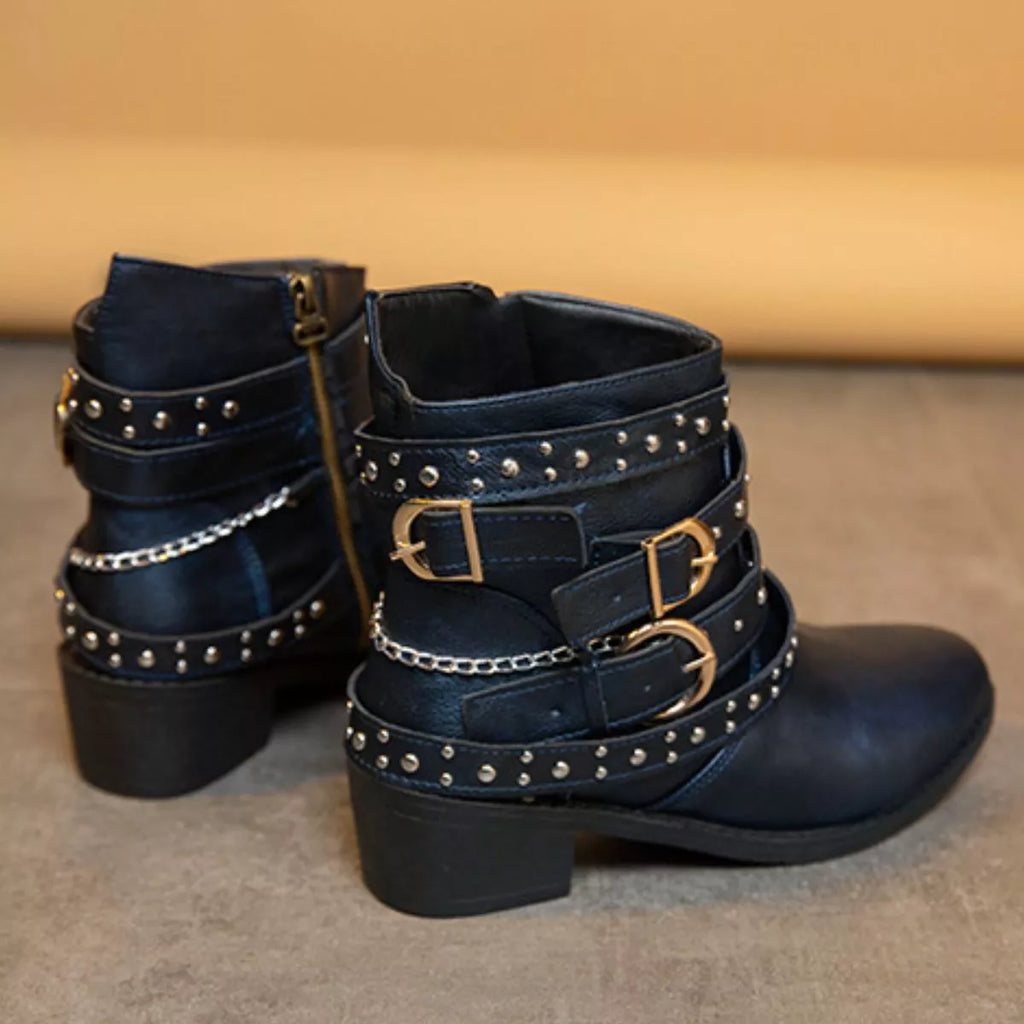 Women's Studded Buckle Ankle Boots – PU Leather Low Heel | 4 Colors