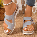 Women's Double Buckle Wedge Sandals – Mid Heel Straw & PU Leather
