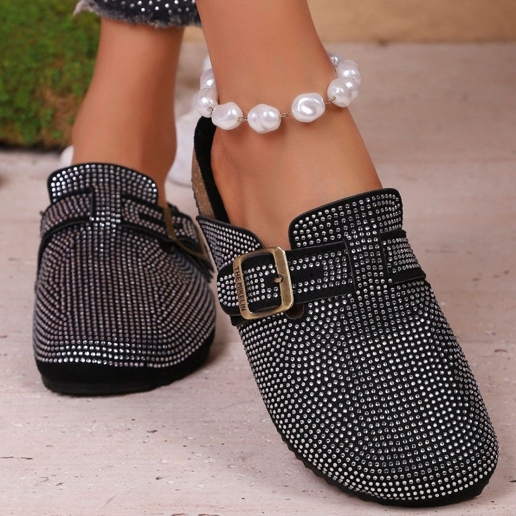 Women's Rhinestone Buckle Accent Slip-Ons | Low Heel PU Leather Shoes