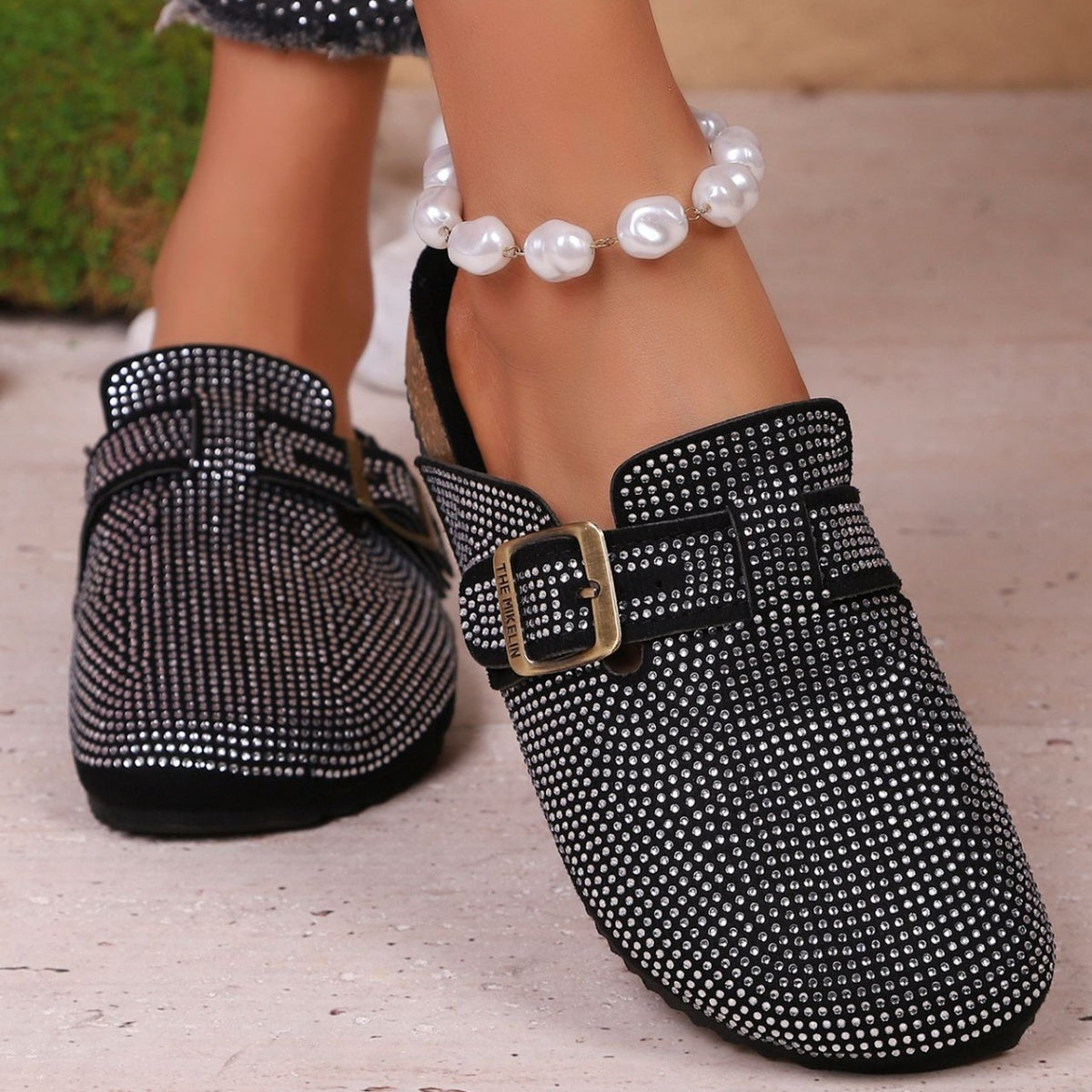 Women's Rhinestone Buckle Accent Slip-Ons | Low Heel PU Leather Shoes