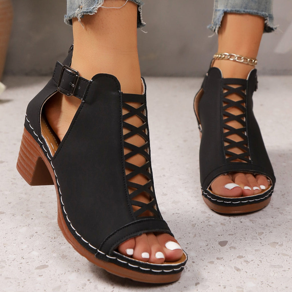 Women's Open Toe Block Heel Sandals | PU Leather High Heel Shoes