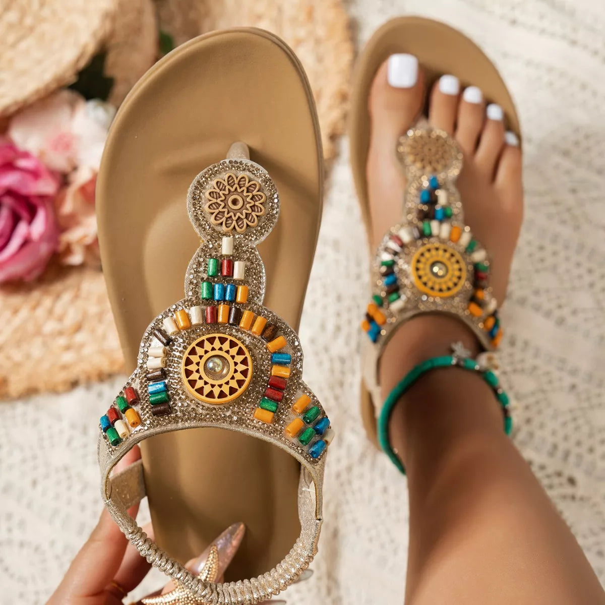 Women's Beaded Toe Post Sandals – Low Heel PU Leather | Gold & Silver
