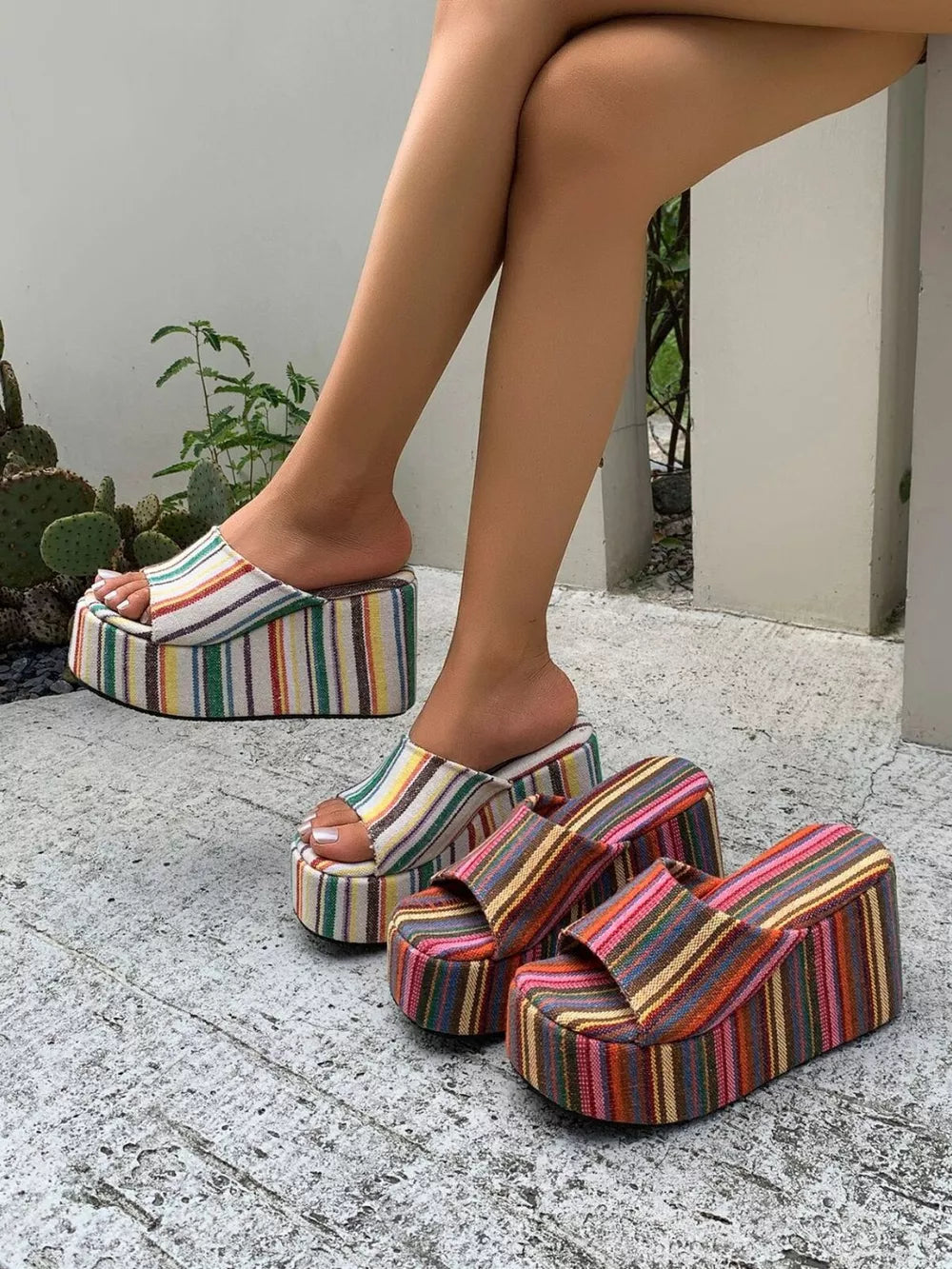 Women's Striped Platform Wedge Sandals – High Heel Canvas & PU