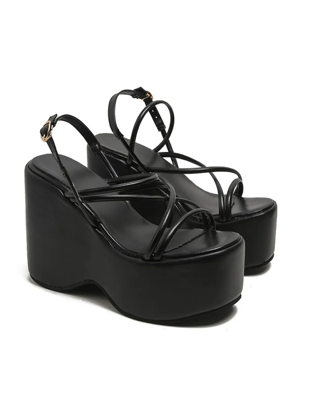 Women's Strappy Platform Wedge Sandals – High Heel PU Leather