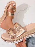 Women's Platform Double Buckle Sandals | Low Heel PU Leather Shoes
