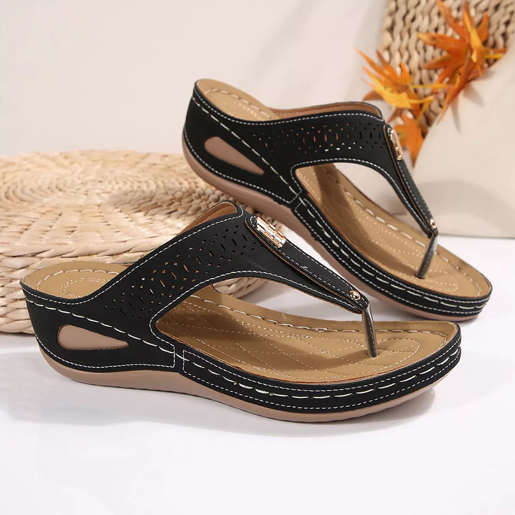 Women's Toe Post Wedge Sandals | PU Leather Low Heel Summer Shoes