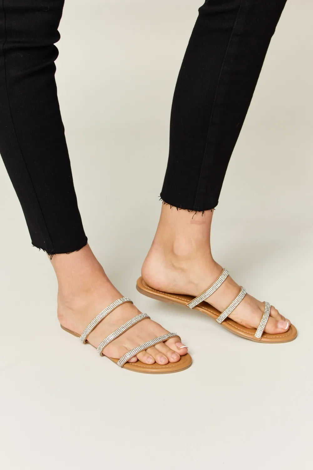 Women's Rhinestone Three-Strap Flat Sandals | Sparkle PU Leather Slides