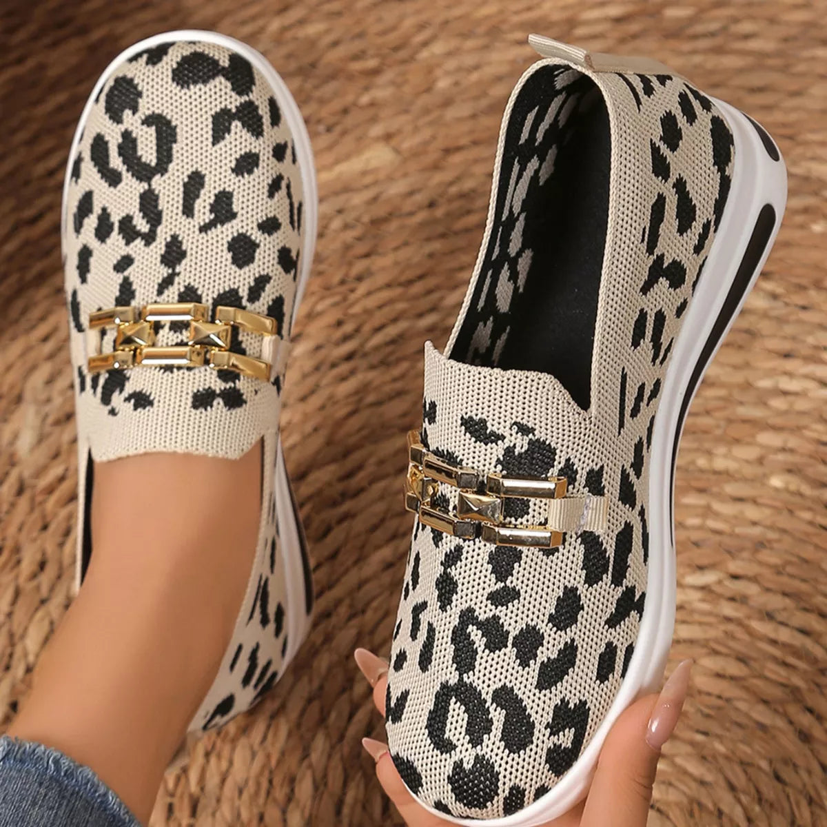 Women's Leopard Print Round Toe Slip-On Sneakers – Breathable Mesh Flats