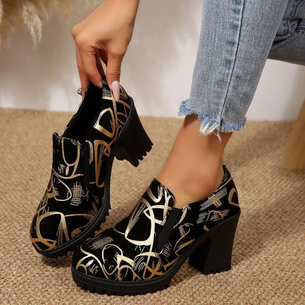 Women's Gold Round Toe Block Heel Pumps – PU Leather High Heels