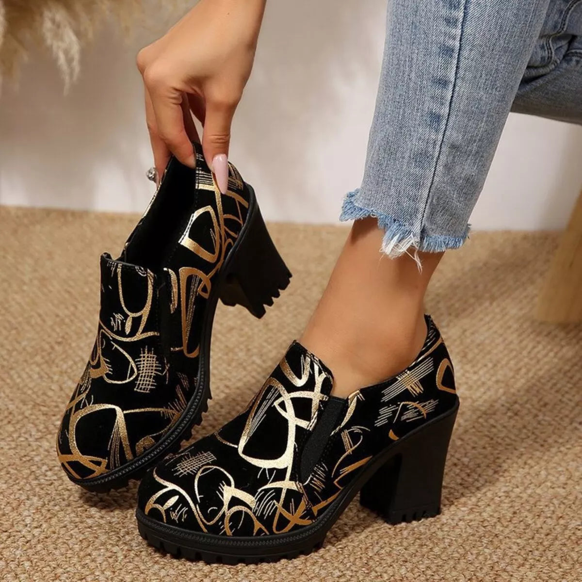 Women's Gold Round Toe Block Heel Pumps – PU Leather High Heels