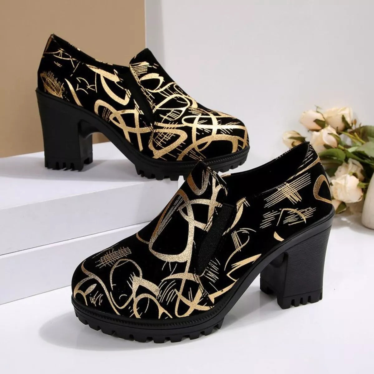 Women's Gold Round Toe Block Heel Pumps – PU Leather High Heels