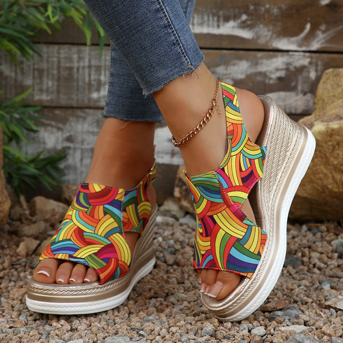 Women's Colorful Espadrille Wedge Sandals – Mid Heel Boho Style