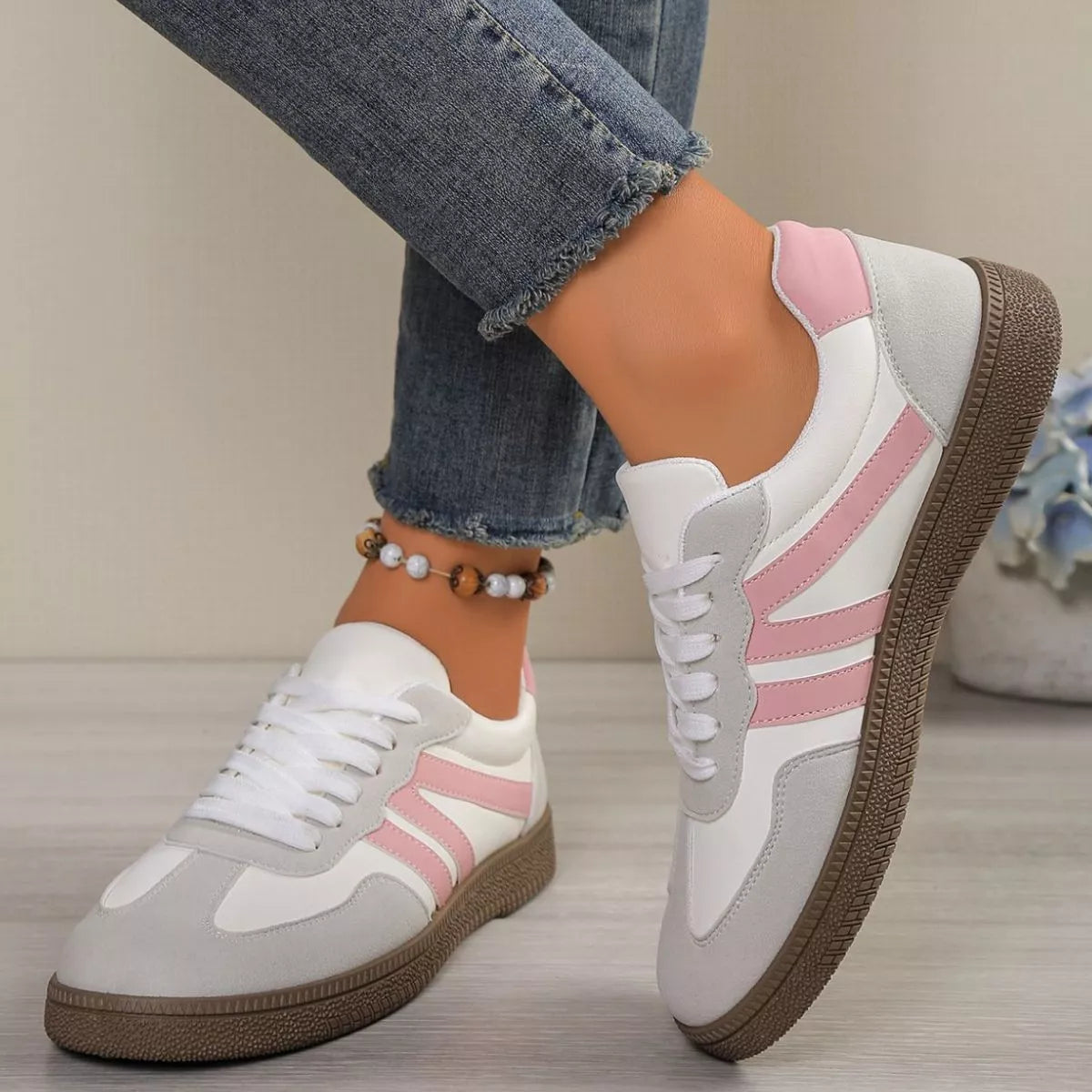Women’s Striped Lace-Up Casual Sneakers – Suede Flat Fashion Shoes | Brown & Pink