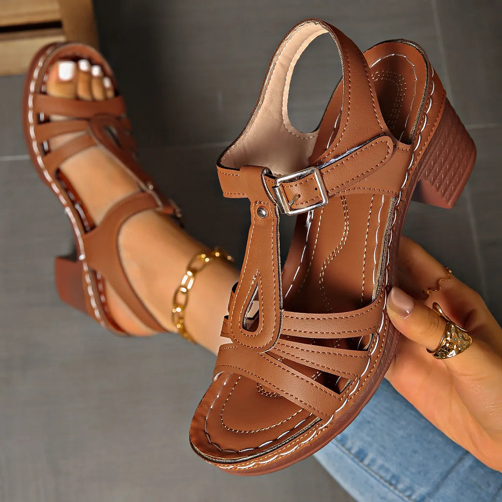 Women's Buckle Strap Block Heel Sandals | Mid Heel PU Leather Dress Sandals in Black & Brown EU 36-43