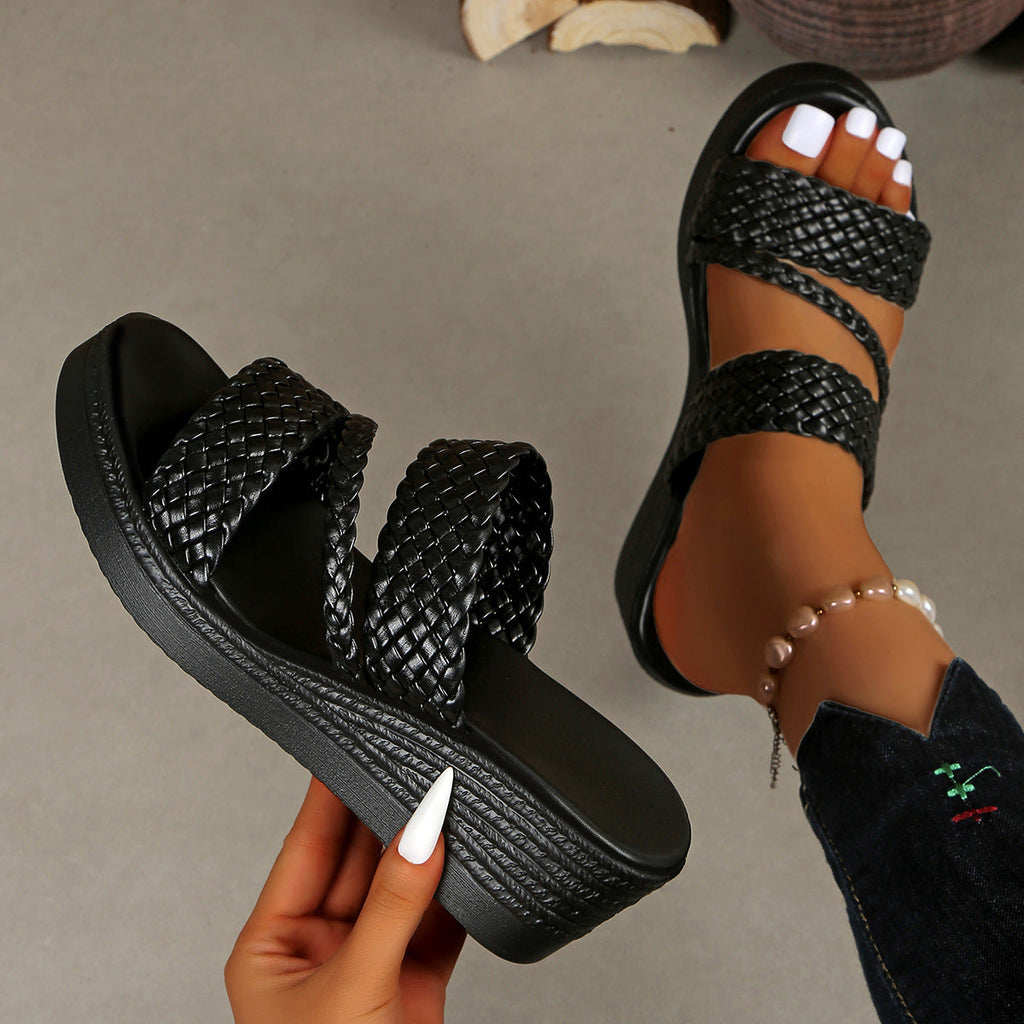 Women's Open Toe Wedge Sandals | PU Leather Mid Heel Platform Shoes