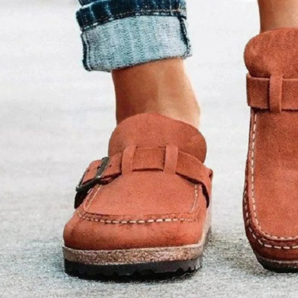 Women's Round Toe Low Heel Buckle Loafers | PU Leather Casual Shoes
