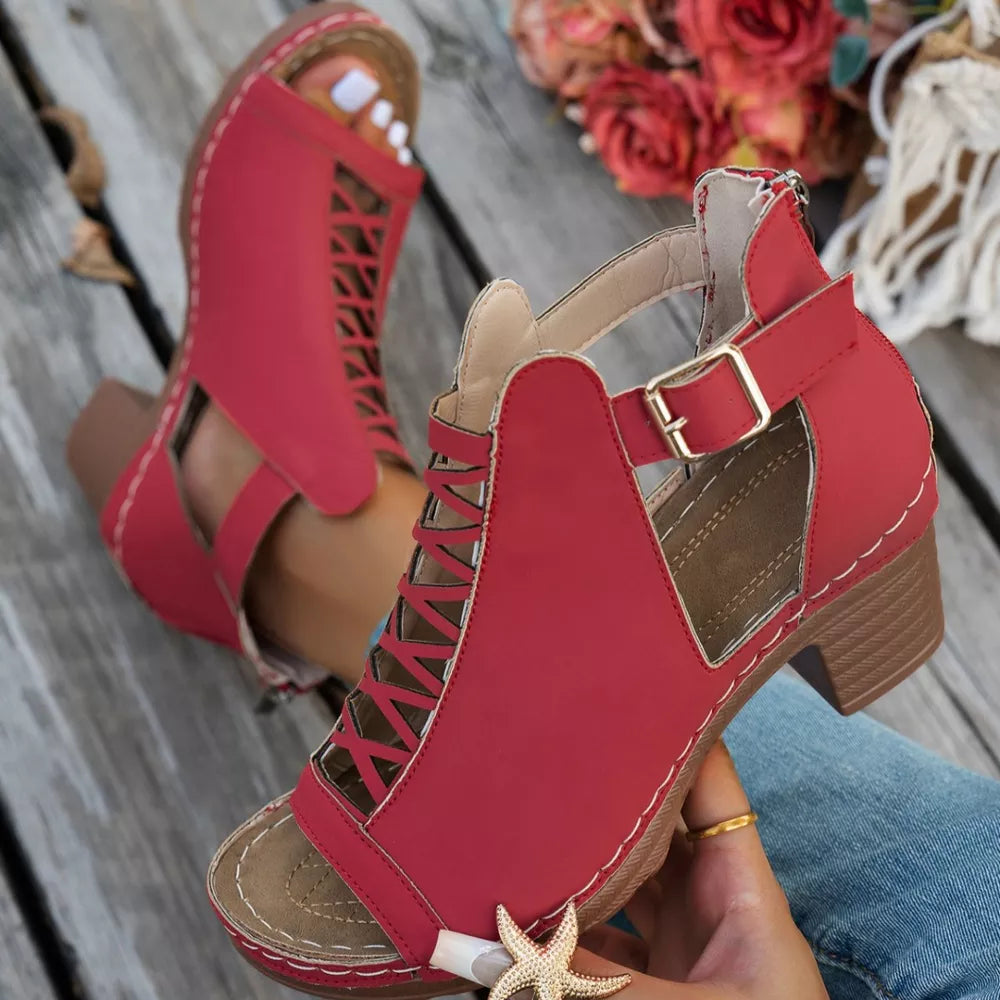Women's Buckle Block Heel Sandals – Mid Heel PU Leather