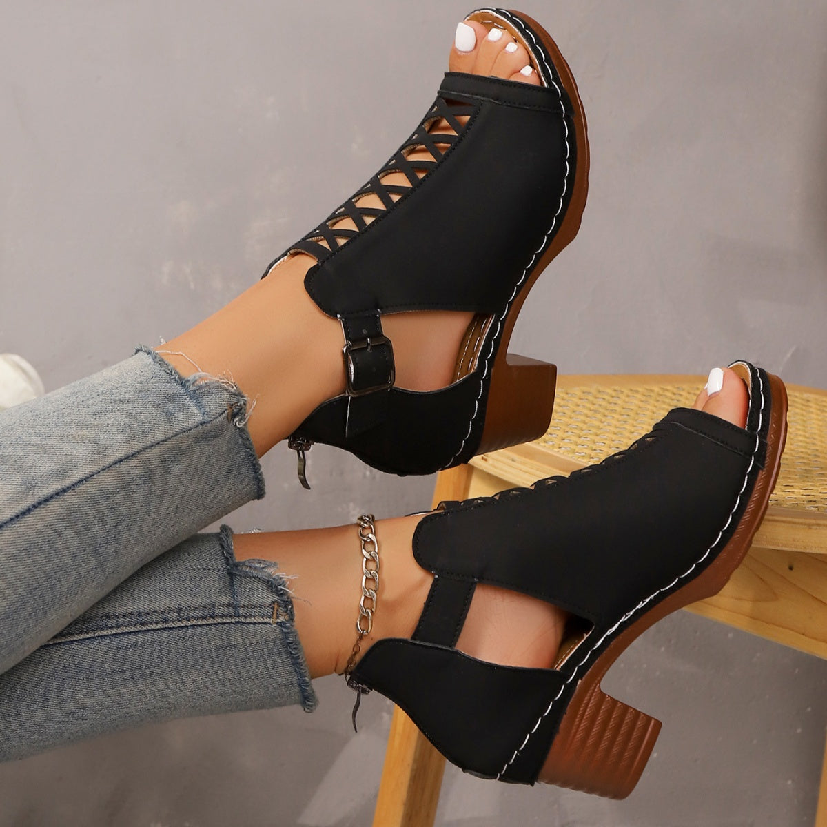 Women's Open Toe Block Heel Sandals | PU Leather High Heel Shoes