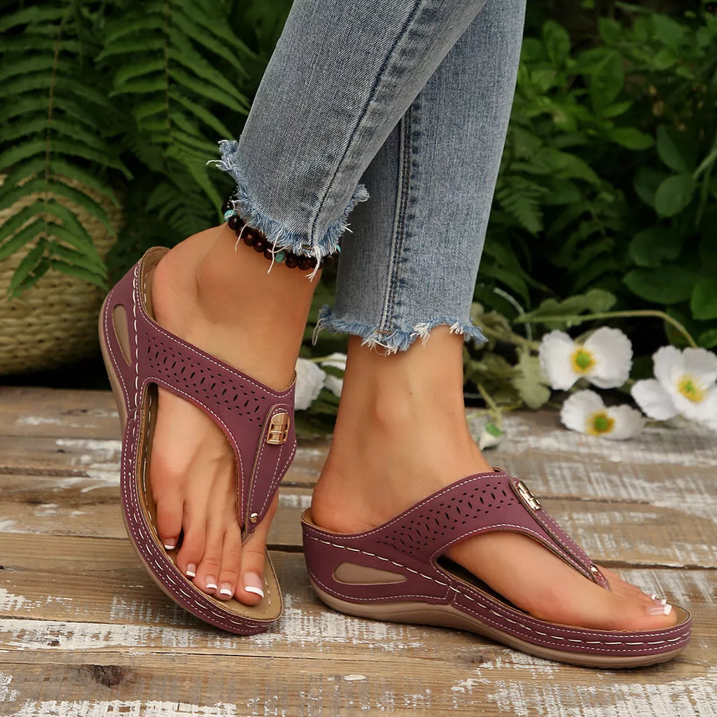 Women's Toe Post Wedge Sandals | PU Leather Low Heel Summer Shoes