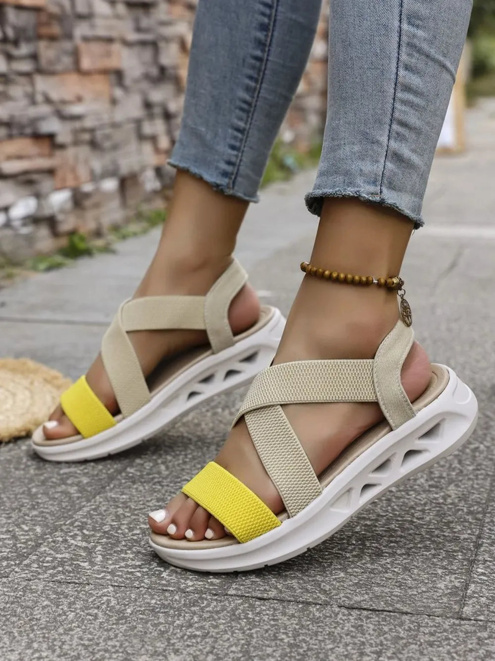 Women's Crisscross Open Toe Platform Sandals – Mesh & PU Leather