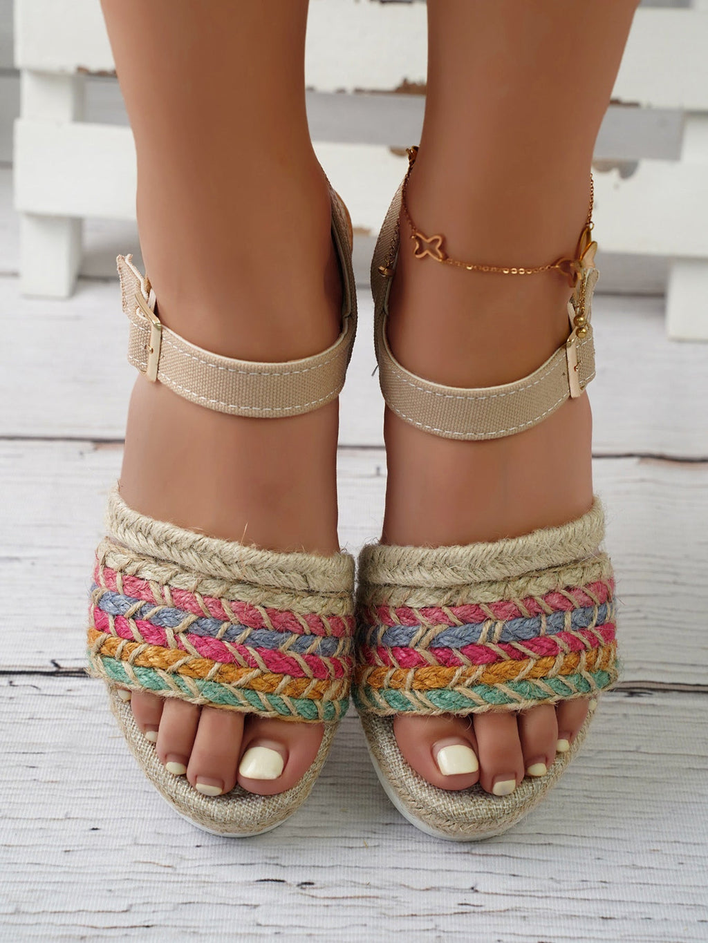 Women's Braided Rainbow Platform Wedge Sandals – Mid Heel Boho
