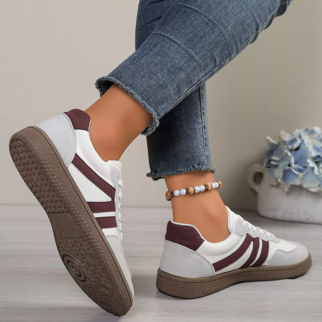 Women’s Striped Lace-Up Casual Sneakers – Suede Flat Fashion Shoes | Brown & Pink