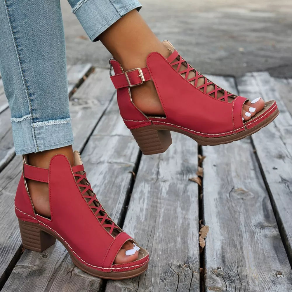 Women's Buckle Block Heel Sandals – Mid Heel PU Leather
