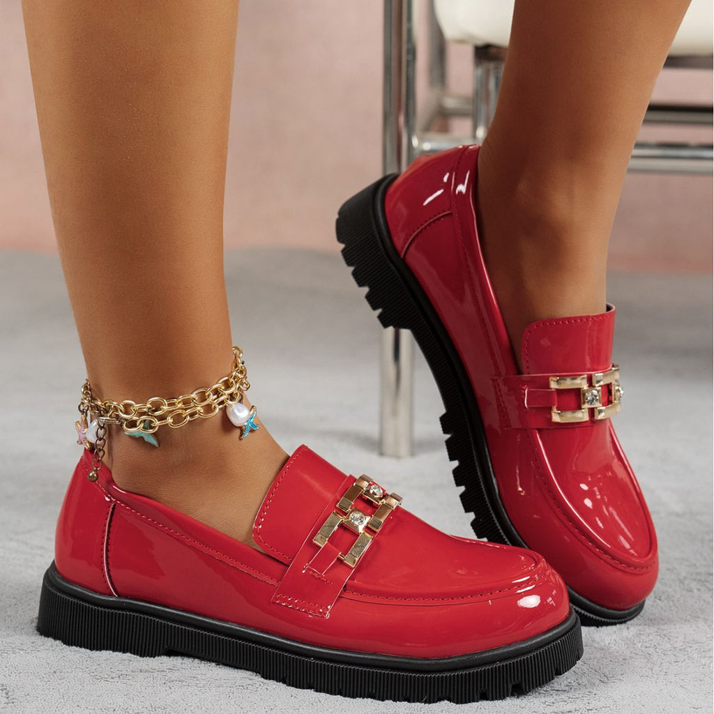 Women's Buckle Decor Chunky Loafers – PU Leather Mid Heel Platform Shoes