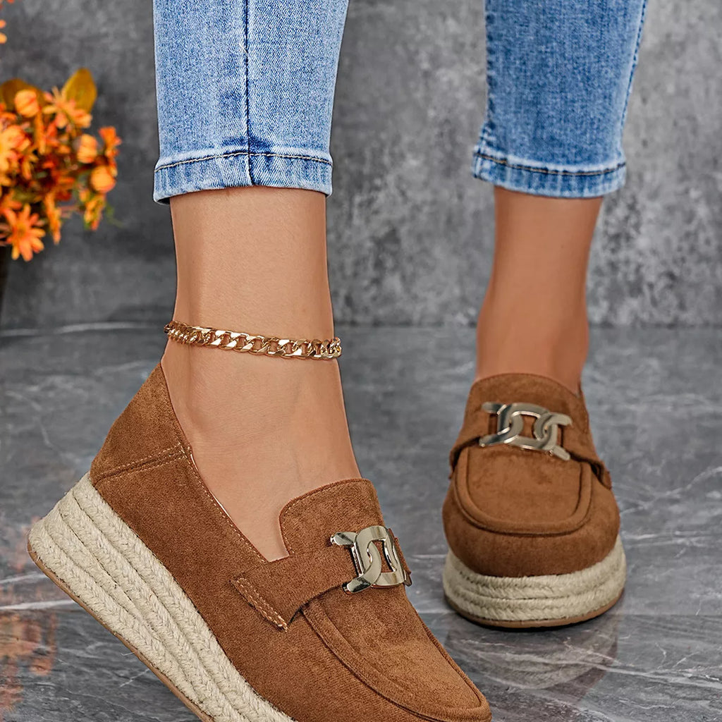 Women’s Round Toe Platform Slip-On Loafers – Suede Flat Shoes | Apricot & Brown