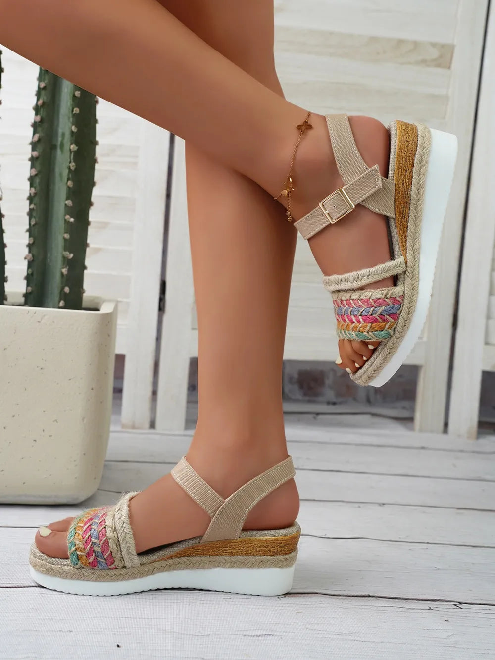 Women's Braided Rainbow Platform Wedge Sandals – Mid Heel Boho
