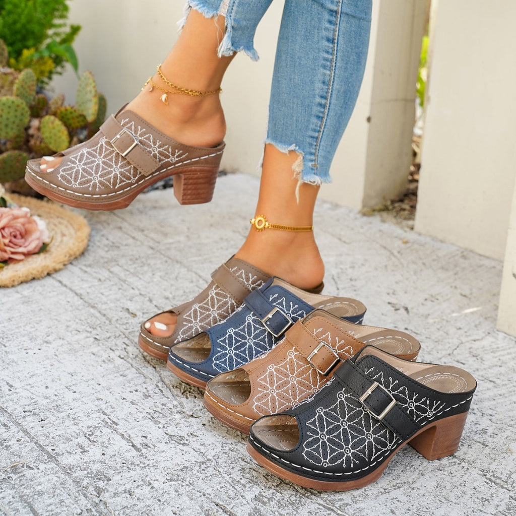 Women's Buckle Decor Block Heel Sandals – PU Leather Mid Heel