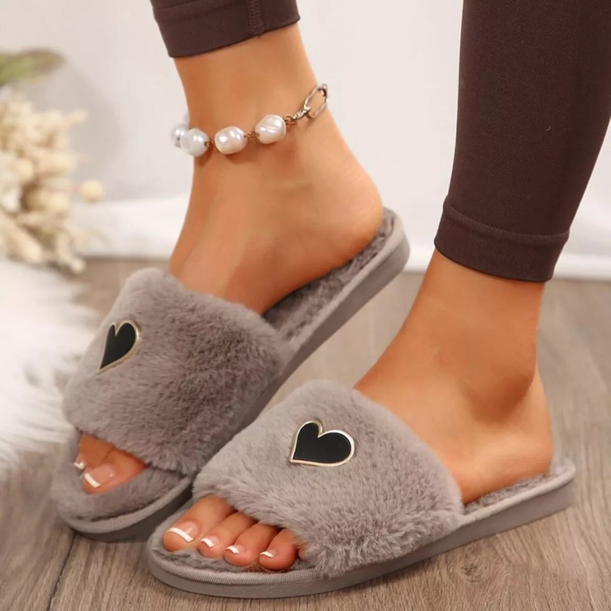 Women's Heart Open Toe Flat Slippers | Fluffy PU Leather Slip-On Sandals in 3 Colors EU 36-43