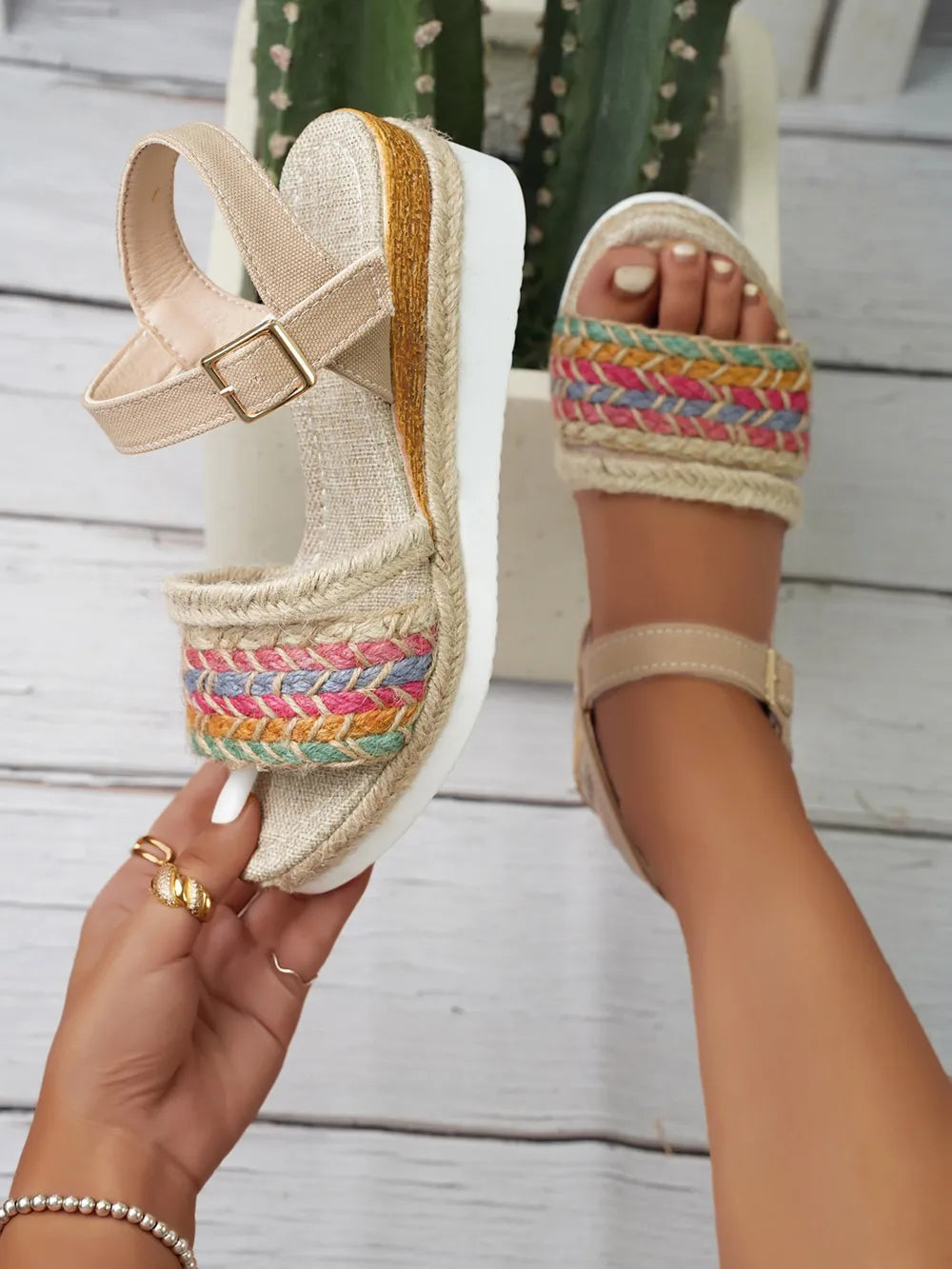 Women's Braided Rainbow Platform Wedge Sandals – Mid Heel Boho