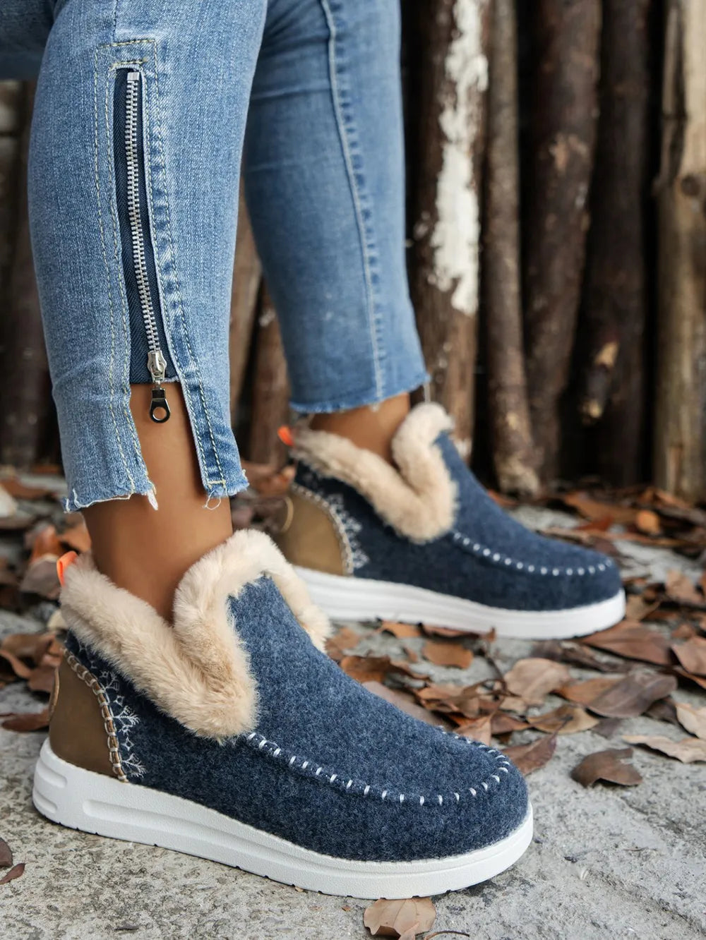Women's Furry Suede Round Toe Flat Sneakers | Faux Fur Casual Shoes
