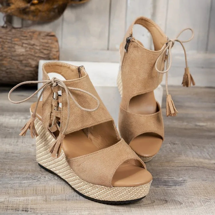 Women's Peep Toe Wedge Sandals – Lace-Up Tassel Suede Platform Heels