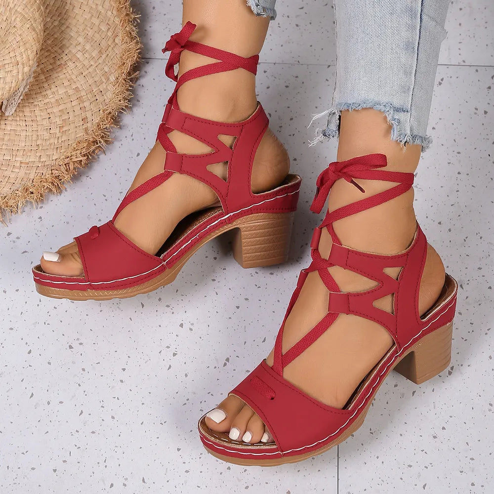 Women's Lace-Up Block Heel Sandals – Mid Heel PU Leather
