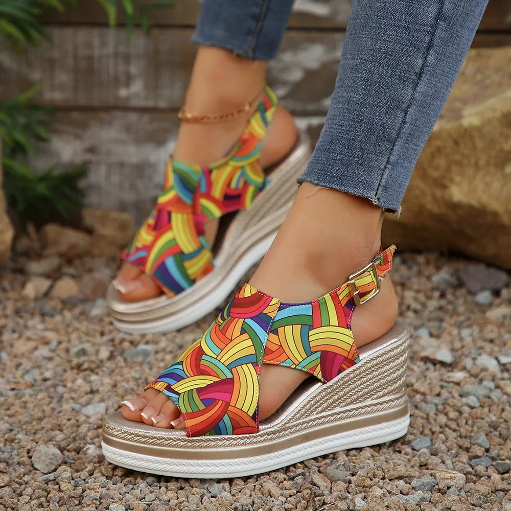 Women's Colorful Espadrille Wedge Sandals – Mid Heel Boho Style